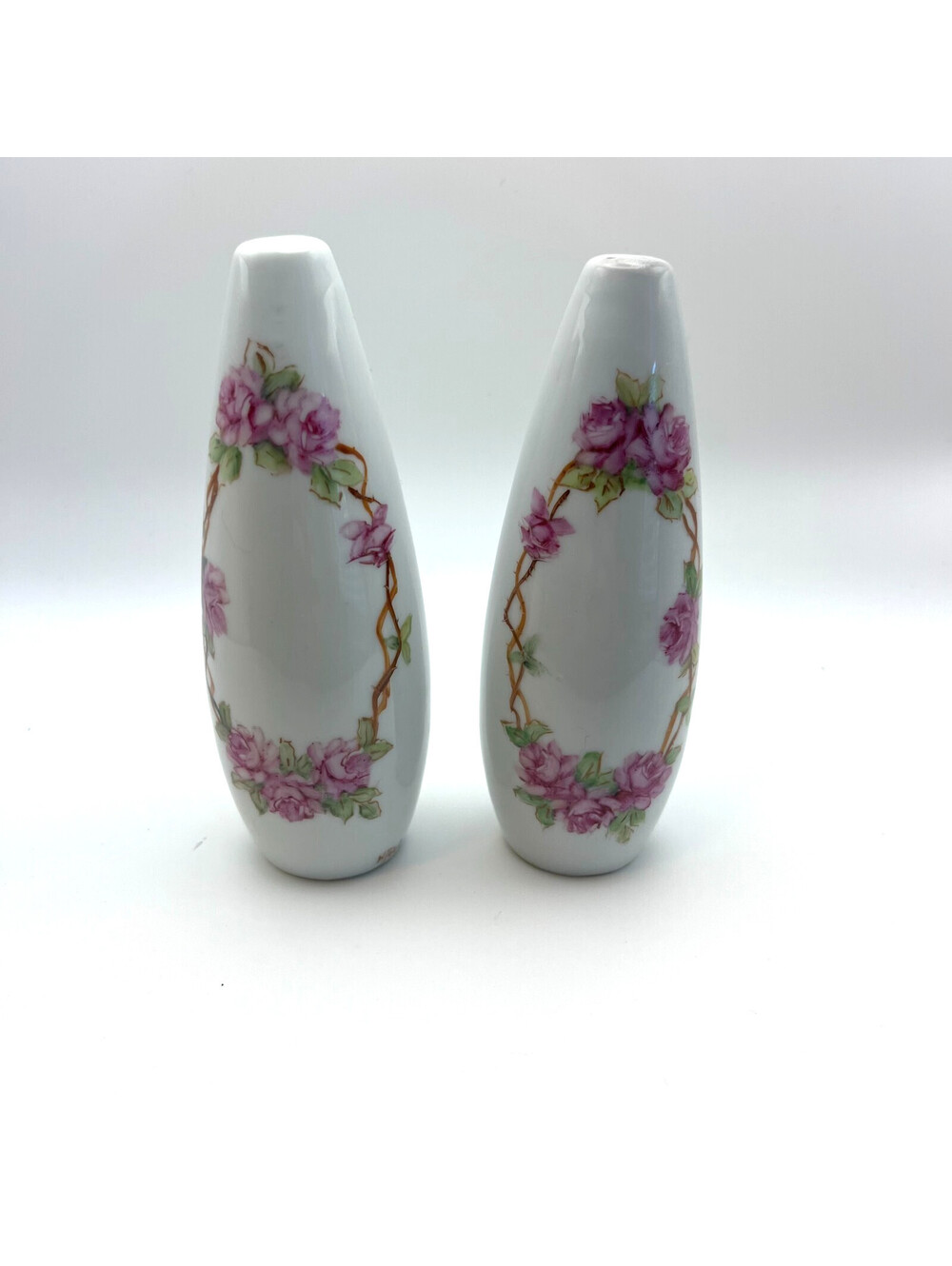 Vintage Pair Porcelain Bud Vases Pink Roses Gold Floral Hand Painted Mid Century